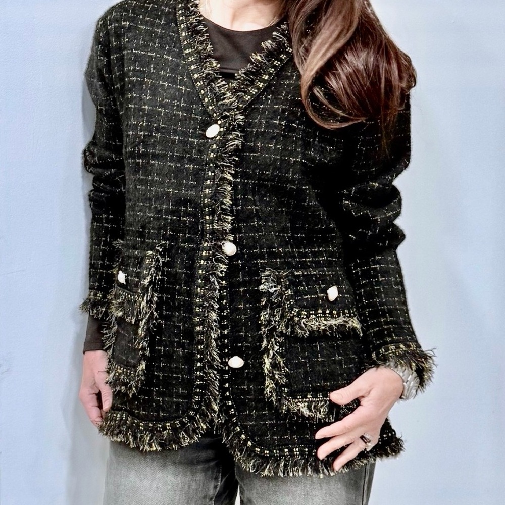 ShopEvelynne Black Tweed Blazer with Gold Accents